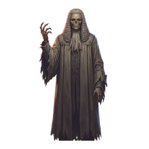 A robed and wigged figure of the bench, entirely certain of its jurisdiction, one hand raised to rule.