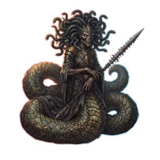A serpent-haired horror with a level, unhurried gaze and stone-grey eyes.