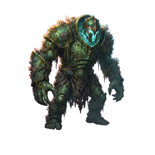 A drowned titan of green bronze, weed-hung and barnacled, still walking a patrol nobody set.