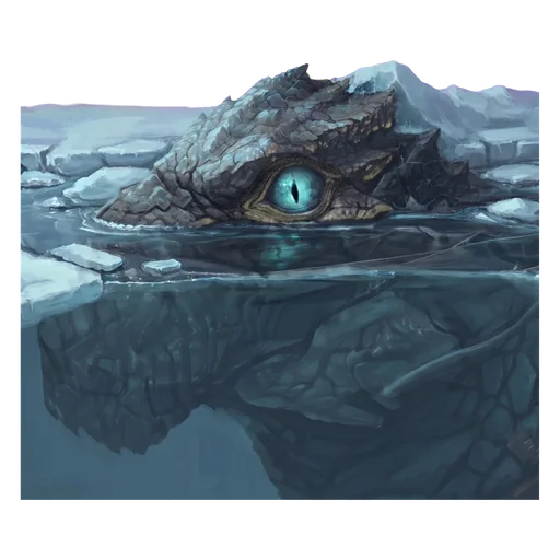 A vast head and one shoulder heaving up through shattered pack ice, the rest of it still under and only suggested, one enormous eye clear of the water and open.