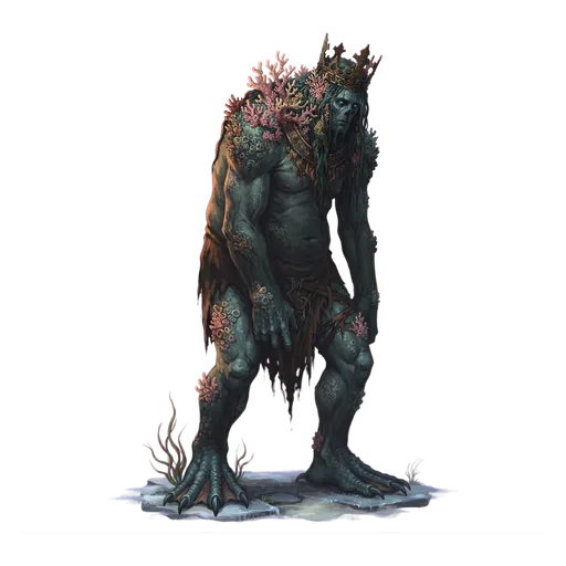 A drowned regent standing bowed under the weight of a coral crown left deliberately half-made, still waiting on a king who has not come.