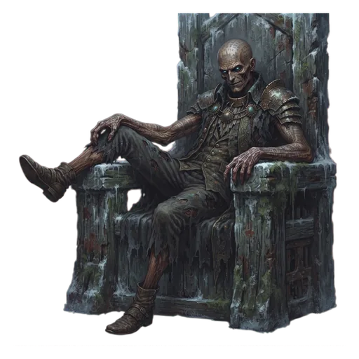 A withered thing sprawled at its ease across a looted throne, one leg hooked over the arm of it, entirely and terribly at home.