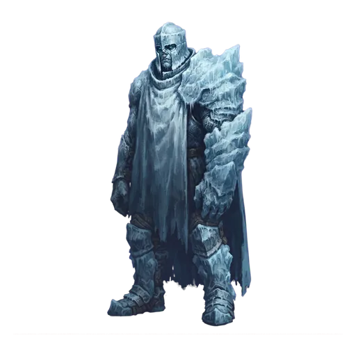 A watch-captain frozen upright at his post, rimed cloak and helm, ice grown thick along the one shoulder he has leaned into the wind with for ninety years.