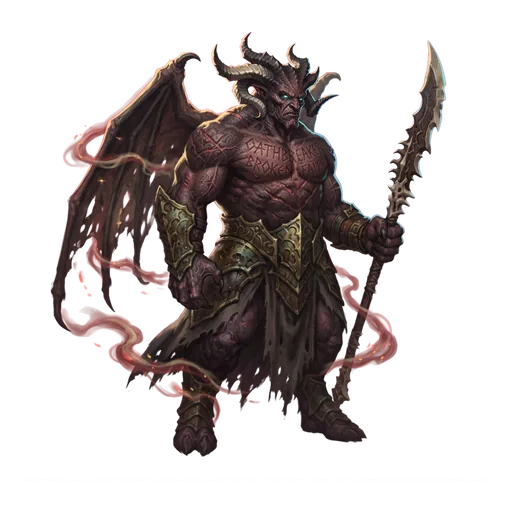 A horned devil trailing brimstone, broken oaths written in scar across its chest.