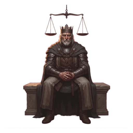 A grey-bearded king seated on a plain stone bench beneath a pair of working iron scales, listening rather than speaking.