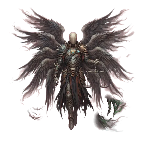 A faceless angel of judgement, too many wings folded close, a pair of iron scales hanging level from one hand.