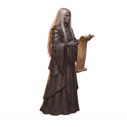 A gravespeaker in ash-grey vestments, a long red-inked list held open in both hands, the true power in a city of the dead.