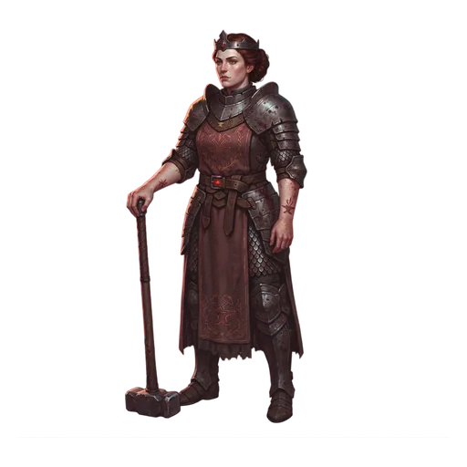 A queen in a smith's guild-proof under royal cloth, standing rather than seated, one hand resting on a hammer she still owns.