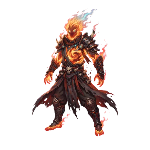 A towering figure of living flame, its outline guttering where it meets the air, embers shedding upward.