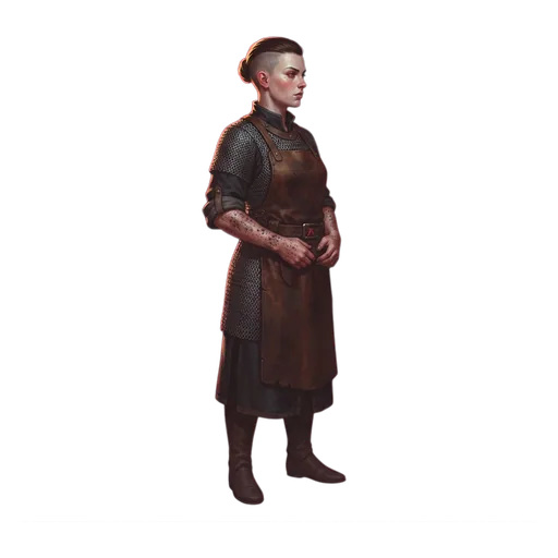 A princess in a leather apron over mail, sleeves pushed back, forge-scale still on her forearms from a bench she works herself.