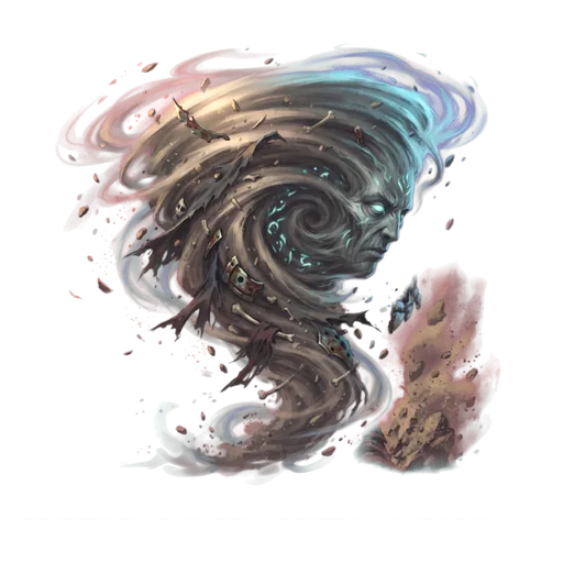 A cyclone given a will, the suggestion of a face turning within a spiral of wind and torn debris.