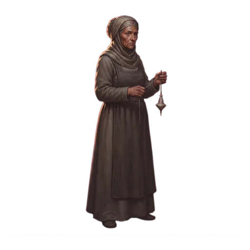 A widow in plain wool with a drop spindle turning in her fingers, weaving while she listens, flawlessly.