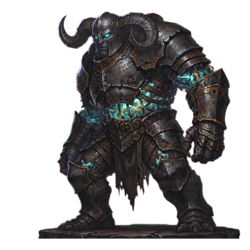 A war-titan of black iron plate over a caged and flickering storm, sorcerous script worn almost smooth across its chest.