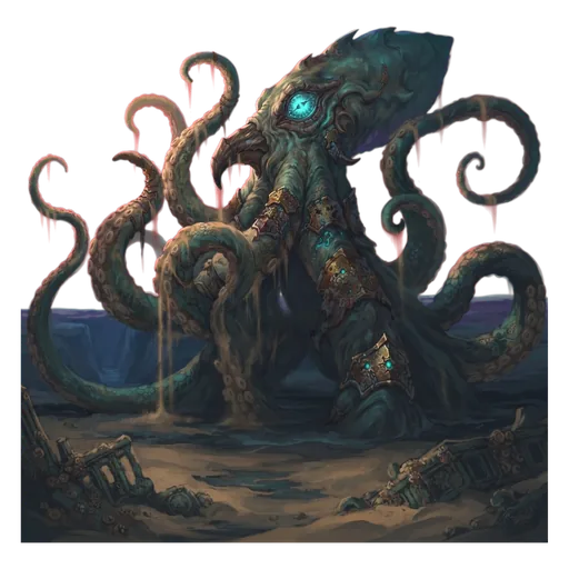 A kraken risen into the shallows, tentacles thick as masts, one vast lidless eye above a hooked beak.