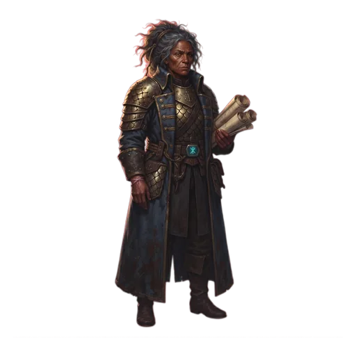 A sea-queen in a captain's coat with charts rolled under one arm, reading the weather rather than the room.