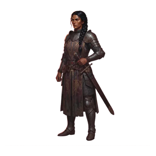 A justiciar-princess in the surcoat of the Order of the Scales, oath-cords at the wrist, sword sheathed and belted behind.
