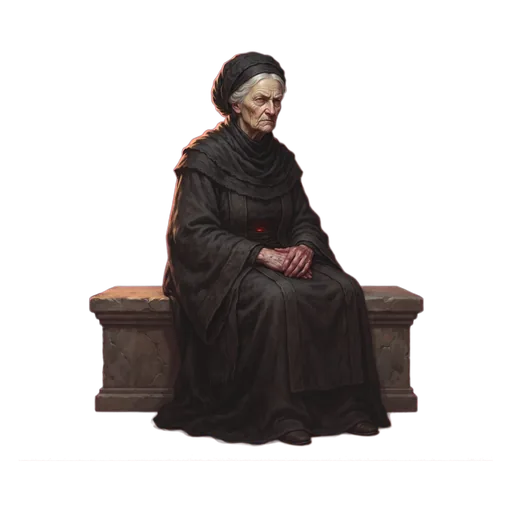 An old queen mother in unornamented black, hands folded, the stillness of someone who has been right for forty years.