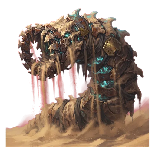 A desert leviathan rearing up out of the sand, its maw a ring of grinding plates, grit pouring from every segment.
