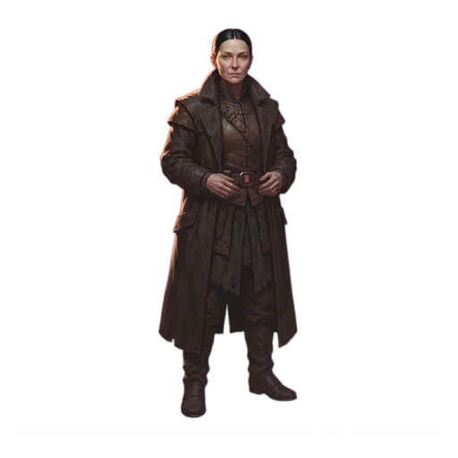 A salvage-queen in dark practical clothes, empty-handed in an empty room, holding the stillness of someone who owns the market.