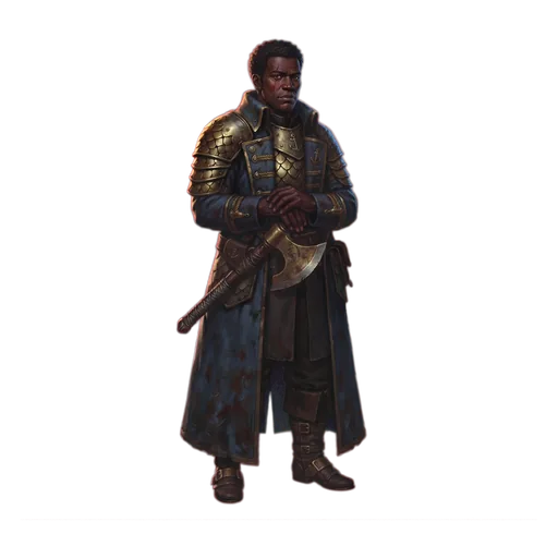 A fleet captain in marine's harness, boarding axe at the hip, standing braced as though the deck were moving.