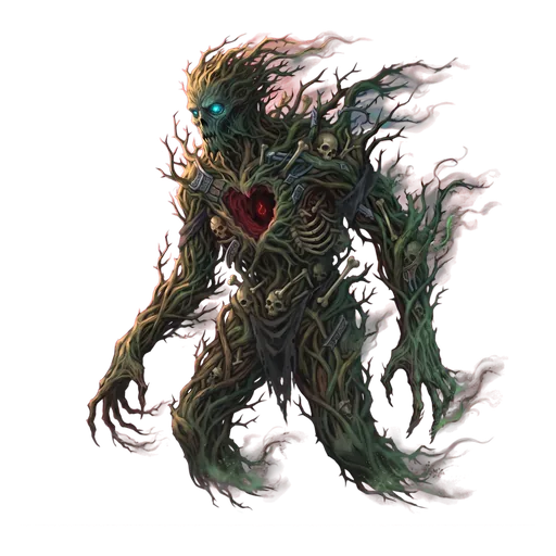 A colossus of thorn and root with a hollow where a heart would be, old bones caught and held in the tangle.
